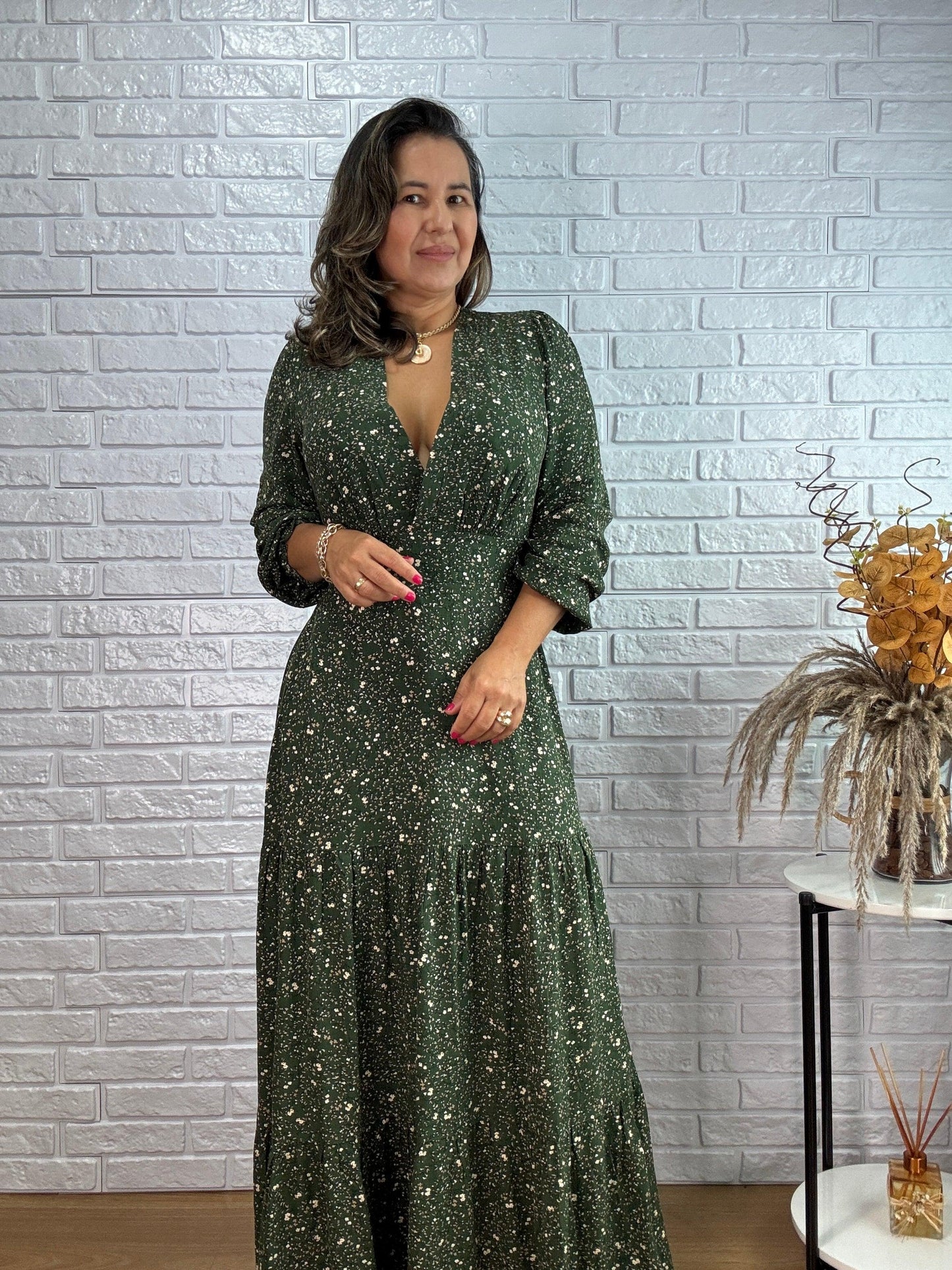 Vestido Flora Estampado | Verde Com Branco
