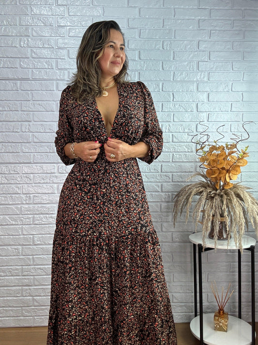 Vestido Flora Estampado | Preto com Laranja