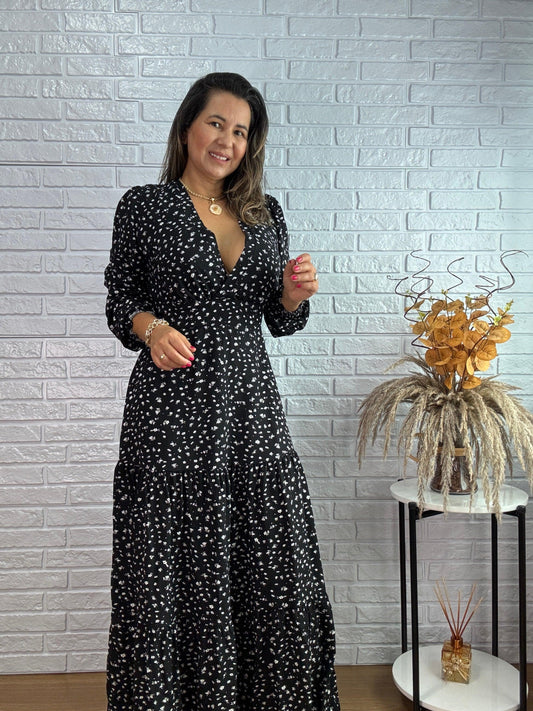 Vestido Flora Estampado | Preto com Branco
