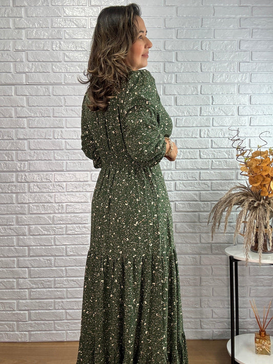 Vestido Flora Estampado | Verde Com Branco